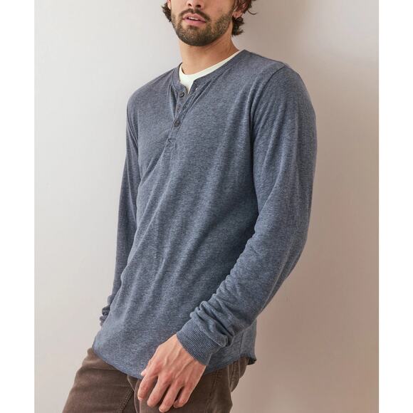 Marine Layer Men's Double Knit Henley Long Sleeve Pullover Shirt in Blue Heather - Picture 6 of 7